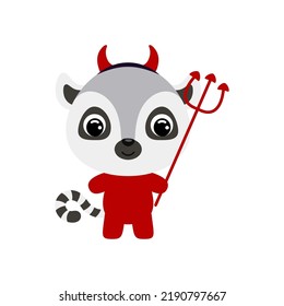 Cute little Halloween lemur in a devil costume. Cartoon animal character for kids t-shirts, nursery decoration, baby shower, greeting card, invitation, house interior. Vector stock illustration