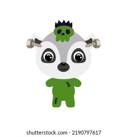 Cute little Halloween lemur in a Frankenstein costume. Cartoon animal character for kids t-shirts, nursery decoration, baby shower, greeting card, invitation. Vector stock illustration