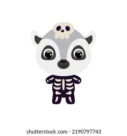 Cute little Halloween lemur in a skeleton costume. Cartoon animal character for kids t-shirts, nursery decoration, baby shower, greeting card, invitation, house interior. Vector stock illustration