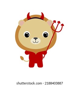 Cute little Halloween lion in a devil costume. Cartoon animal character for kids t-shirts, nursery decoration, baby shower, greeting card, invitation, house interior. Vector stock illustration