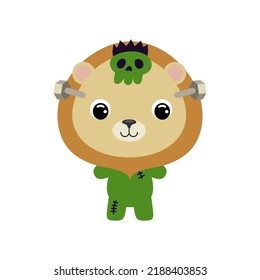 Cute little Halloween lion in a Frankenstein costume. Cartoon animal character for kids t-shirts, nursery decoration, baby shower, greeting card, invitation. Vector stock illustration