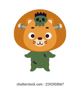 Cute little Halloween lion in a Frankenstein costume. Cartoon animal character for kids t-shirts, nursery decoration, baby shower, greeting card, invitation. Vector stock illustration