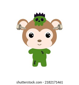 Cute little Halloween monkey in a Frankenstein costume. Cartoon animal character for kids t-shirts, nursery decoration, baby shower, greeting card, invitation. Vector stock illustration