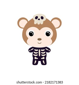 Cute little Halloween monkey in a skeleton costume. Cartoon animal character for kids t-shirts, nursery decoration, baby shower, greeting card, invitation, house interior. Vector stock illustration