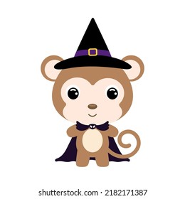 Cute little Halloween monkey in a wizard costume. Cartoon animal character for kids t-shirts, nursery decoration, baby shower, greeting card, invitation, house interior. Vector stock illustration