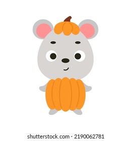 Cute little Halloween mouse in a pumpkin costume. Cartoon animal character for kids t-shirts, nursery decoration, baby shower, greeting card, invitation, house interior. Vector stock illustration