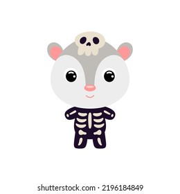 Cute little Halloween opossum in a skeleton costume. Cartoon animal character for kids t-shirts, nursery decoration, baby shower, greeting card, invitation, house interior. Vector stock illustration