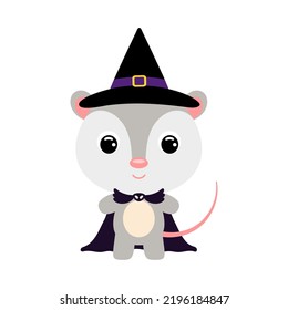 Cute little Halloween opossum in a wizard costume. Cartoon animal character for kids t-shirts, nursery decoration, baby shower, greeting card, invitation, house interior. Vector stock illustration