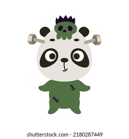 Pequeño panda de Halloween lindo disfrazado de Frankenstein. Caricatura animal para camisetas de niños, decoración infantil, ducha de bebé, tarjeta de saludo, invitación. Ilustración de material vectorial