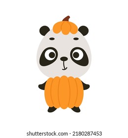 Pequeño panda de Halloween lindo disfrazado de calabaza. Caricatura animal para camisetas de niños, decoración infantil, ducha de bebé, tarjeta de saludo, invitación, interior de la casa. Ilustración de material vectorial