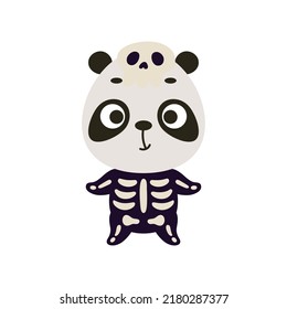 Pequeño panda de Halloween lindo disfrazado de esqueleto. Caricatura animal para camisetas de niños, decoración infantil, ducha de bebé, tarjeta de saludo, invitación, interior de la casa. Ilustración de material vectorial