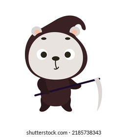Cute little Halloween polar bear in a grim Reaper costume. Cartoon animal character for kids t-shirts, nursery decoration, baby shower, greeting card, invitation, decor. Vector stock illustration