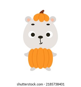 Cute little Halloween polar bear in a pumpkin costume. Cartoon animal character for kids t-shirts, nursery decoration, baby shower, greeting card, invitation, house interior. Vector stock illustration
