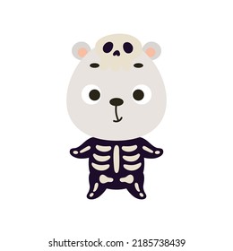 Cute little Halloween polar bear in a skeleton costume. Cartoon animal character for kids t-shirts, nursery decoration, baby shower, greeting card, invitation. Vector stock illustration