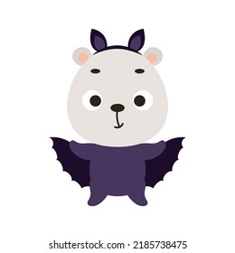 Cute little Halloween polar bear in a bat costume. Cartoon animal character for kids t-shirts, nursery decoration, baby shower, greeting card, invitation, house interior. Vector stock illustration