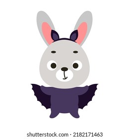 Cute little Halloween rabbit in a bat costume. Cartoon animal character for kids t-shirts, nursery decoration, baby shower, greeting card, invitation, house interior. Vector stock illustration