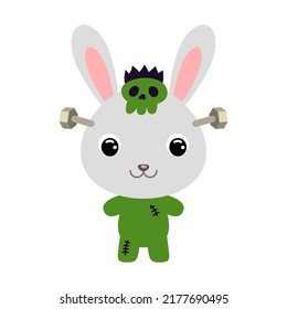 Cute little Halloween rabbit in a Frankenstein costume. Cartoon animal character for kids t-shirts, nursery decoration, baby shower, greeting card, invitation. Vector stock illustration