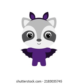 Cute little Halloween raccoon in a bat costume. Cartoon animal character for kids t-shirts, nursery decoration, baby shower, greeting card, invitation, house interior. Vector stock illustration