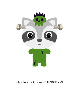 Pequeño y lindo mapache de Halloween con un disfraz de Frankenstein. Caricatura animal para camisetas de niños, decoración infantil, ducha de bebé, tarjeta de saludo, invitación. Ilustración de material vectorial