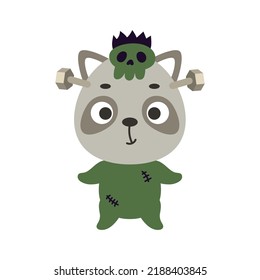 Cute little Halloween raccoon in a Frankenstein costume. Cartoon animal character for kids t-shirts, nursery decoration, baby shower, greeting card, invitation. Vector stock illustration