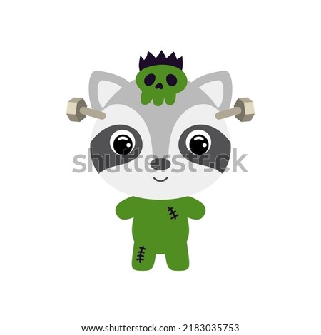 Cute little Halloween raccoon in a Frankenstein costume. Cartoon animal character for kids t-shirts, nursery decoration, baby shower, greeting card, invitation. Vector stock illustration