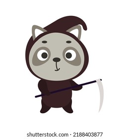 Cute little Halloween raccoon in a grim Reaper costume. Cartoon animal character for kids t-shirts, nursery decoration, baby shower, greeting card, invitation, decor. Vector stock illustration