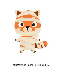 Cute little Halloween red panda in a mummy costume. Cartoon animal character for kids t-shirts, nursery decoration, baby shower, greeting card, invitation, house interior. Vector stock illustration