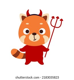 Cute little Halloween red panda in a devil costume. Cartoon animal character for kids t-shirts, nursery decoration, baby shower, greeting card, invitation, house interior. Vector stock illustration