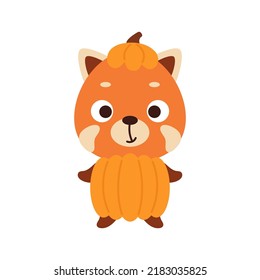 Cute little Halloween red panda in a pumpkin costume. Cartoon animal character for kids t-shirts, nursery decoration, baby shower, greeting card, invitation, house interior. Vector stock illustration