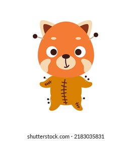 Cute little Halloween red panda in a voodoo costume. Cartoon animal character for kids t-shirts, nursery decoration, baby shower, greeting card, invitation, house interior. Vector stock illustration