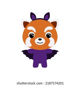 Cute little Halloween red panda in a bat costume. Cartoon animal character for kids t-shirts, nursery decoration, baby shower, greeting card, invitation, house interior. Vector stock illustration