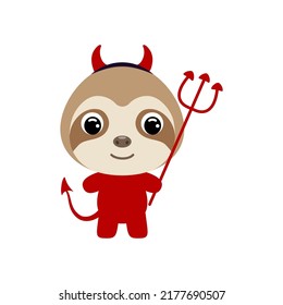 Cute little Halloween sloth in a devil costume. Cartoon animal character for kids t-shirts, nursery decoration, baby shower, greeting card, invitation, house interior. Vector stock illustration