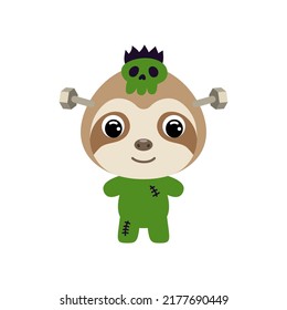 Cute little Halloween sloth in a Frankenstein costume. Cartoon animal character for kids t-shirts, nursery decoration, baby shower, greeting card, invitation. Vector stock illustration