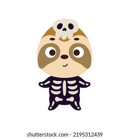 Cute little Halloween sloth in a skeleton costume. Cartoon animal character for kids t-shirts, nursery decoration, baby shower, greeting card, invitation, house interior. Vector stock illustration