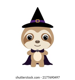 Cute little Halloween sloth in a wizard costume. Cartoon animal character for kids t-shirts, nursery decoration, baby shower, greeting card, invitation, house interior. Vector stock illustration