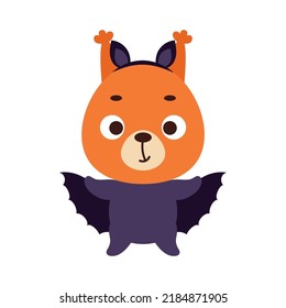 Cute little Halloween squirrel in a bat costume. Cartoon animal character for kids t-shirts, nursery decoration, baby shower, greeting card, invitation, house interior. Vector stock illustration