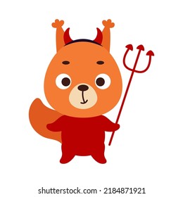 Cute little Halloween squirrel in a devil costume. Cartoon animal character for kids t-shirts, nursery decoration, baby shower, greeting card, invitation, house interior. Vector stock illustration