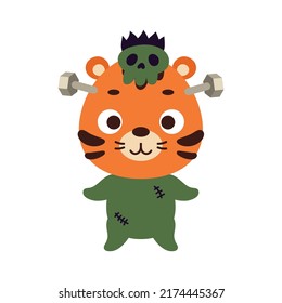 Cute little Halloween tiger in a Frankenstein costume. Cartoon animal character for kids t-shirts, nursery decoration, baby shower, greeting card, invitation, house interior. Vector stock illustration