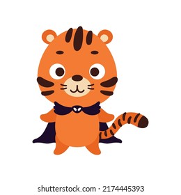 Cute little Halloween tiger in a vampire costume. Cartoon animal character for kids t-shirts, nursery decoration, baby shower, greeting card, invitation, house interior. Vector stock illustration