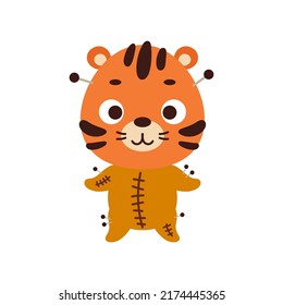 Cute little Halloween tiger in a voodoo costume. Cartoon animal character for kids t-shirts, nursery decoration, baby shower, greeting card, invitation, house interior. Vector stock illustration
