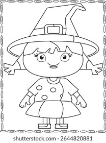 Cute little Halloween witch. Black and white vector illustration for coloring book.