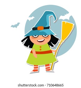 Cute little halloween witch in blue hat. Vector illustration. Print on T-shirts, bags, stickers or Halloween cards.