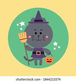cute little halloween witch cat character trick or treating