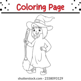 Cute little Halloween witch coloring page. Halloween Trick or Treat Black and white vector illustration for coloring book