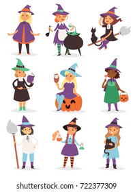 Cute little Halloween Witch girl harridan broom cartoon magic young character costume hat vector illustration.