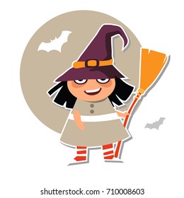 Cute little halloween witch. Vector illustration. Print on T-shirts, bags, stickers or Halloween cards.