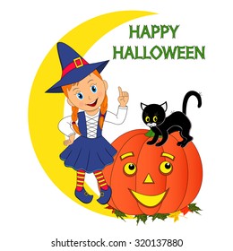 cute little halloween witch,pumpkin, black cat and the moon, illustration, vector