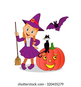cute little halloween witch,pumpkin, black cat and bat, illustration, vector