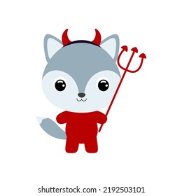 Cute little Halloween wolf in a devil costume. Cartoon animal character for kids t-shirts, nursery decoration, baby shower, greeting card, invitation, house interior. Vector stock illustration