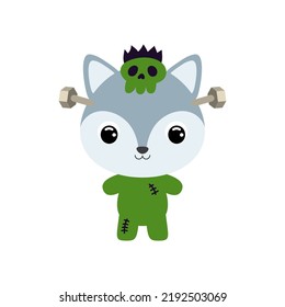 Cute little Halloween wolf in a Frankenstein costume. Cartoon animal character for kids t-shirts, nursery decoration, baby shower, greeting card, invitation. Vector stock illustration